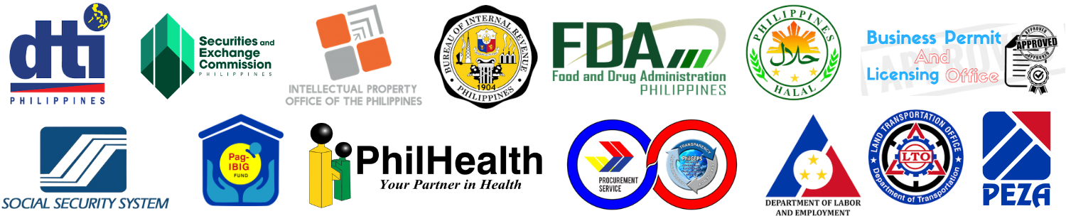 DTI, SEC, Intellectual Property Office of the Philippines, BIR, FDA, Halal Philippines, Business Permit and Licensing Office, SSS, PagIBIG, PhilHealth, PHILGEPS, DOLE, LTO, and PEZA